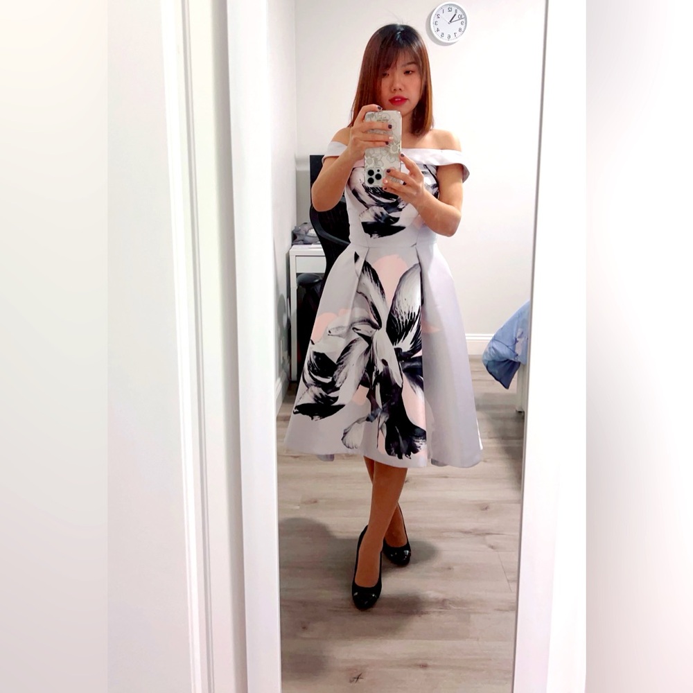 Black and White Off-Shoulder A-Line Midi Dress